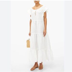 EPHEMERA WHITE LINEN KEYHOLE RUFFLE CAP SLEEVE TIERED PEASANT DRESS - XS / S